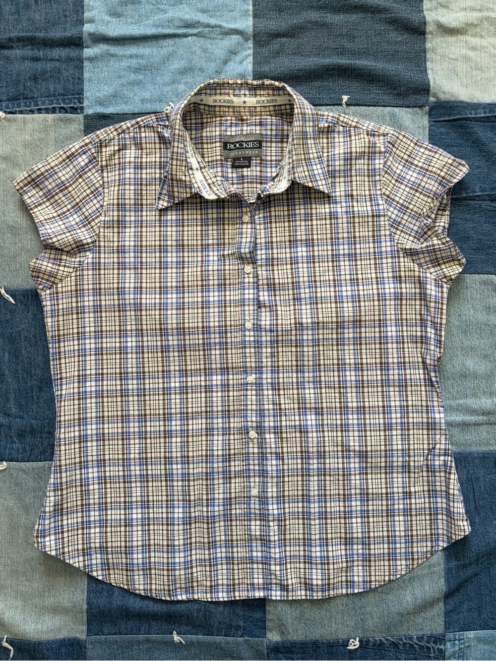 Y2K Rockies Plaid Button Up Blouse Western Boho Brown Blue White Size L